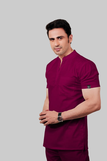 Stretchable (4Way) Male Wine Mandarin Neck With Straight Pant Scrub Set