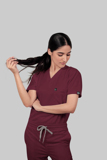 Stretchable (4Way) Female Burgundy V-Neck With Jogger Scrub Set