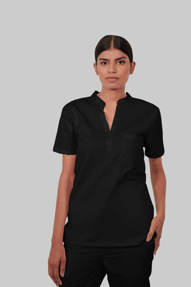 Stretchable (2Way) Female Black Mandarin Neck With Straight Pant Scrub Set