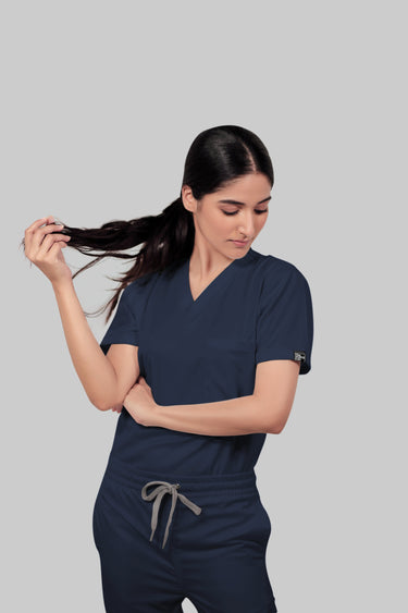 Stretchable (4Way) Female Navy Blue V-Neck With Joggers Scrub Set