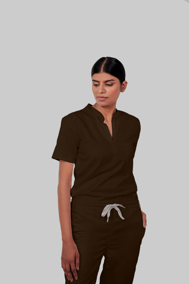 Stretchable (4Way) Women Brown Mandarin Neck Scrub Top