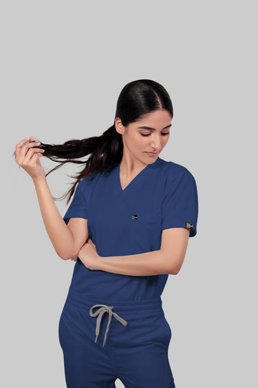 Stretchable (4Way) Female Royal Blue V-Neck With Jogger Scrub Set