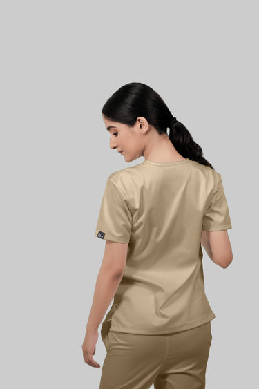 Stretchable (4Way) Women Beige V-Neck Scrub Top