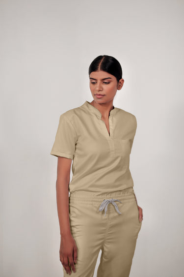 Stretchable (4Way) Women Beige Mandarin Neck Scrub Top