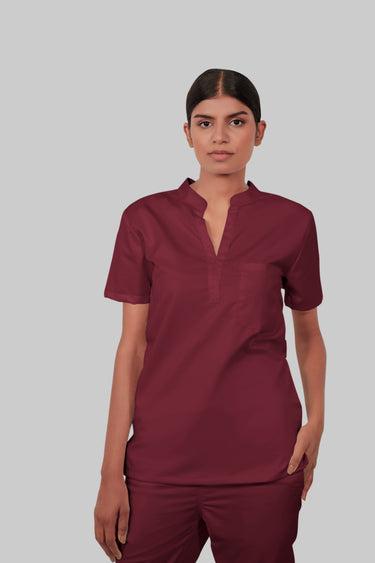 Stretchable (2Way) Female Maroon Mandarin Neck With Straight Pant Scrub Set