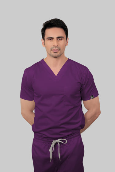 Stretchable (2Way) Male Purple V-Neck With Straight Pant Scrub Set