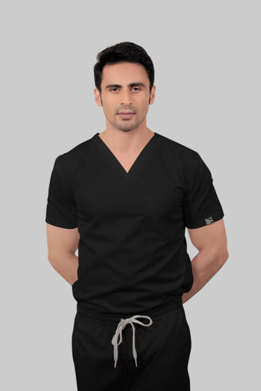 Stretchable (2Way) Male Black V-Neck With Jogger Scrub Set