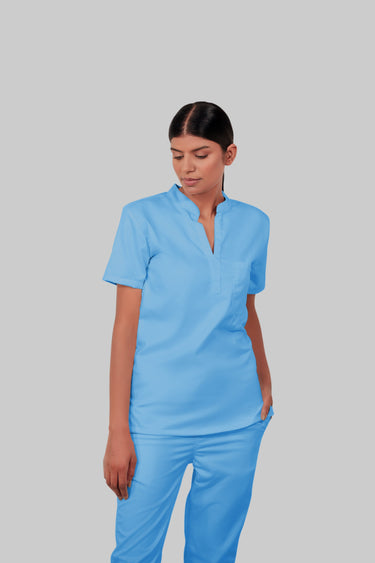 Stretchable (2Way) Female Light Blue Mandarin Neck With Jogger Scrub Scrub Set