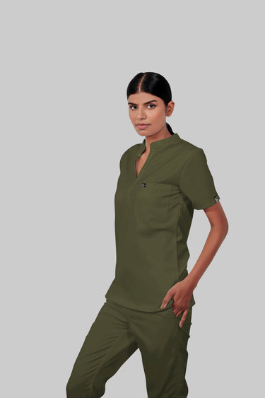Stretchable (4Way) Women Olive Green Mandarin Neck Scrub Top