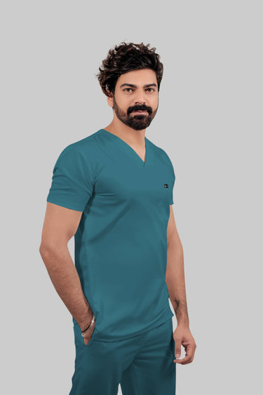 Stretchable (4Way) Male Peacock Blue V-Neck With Straight Pant Scrub Set