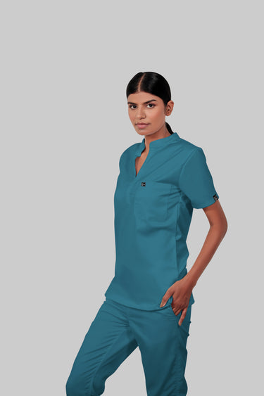 Stretchable (4Way) Female Peacock Blue Mandarin Neck With Jogger Scrub Set