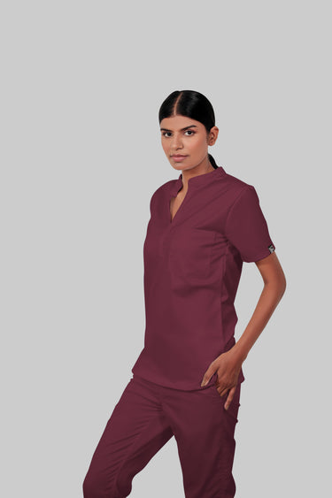 Stretchable (4Way) Female Burgundy Mandarin Neck With Straight Pant Scrub Scrub Set