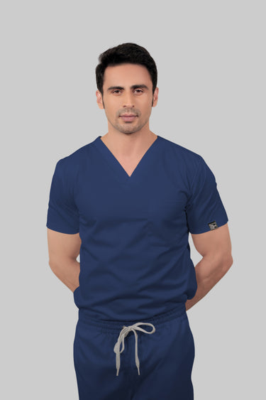 Stretchable (2Way) Male Navy Blue V-Neck With Jogger Scrub Set