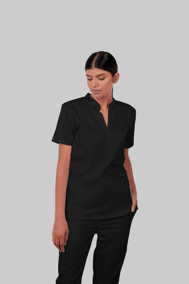 Stretchable (2Way) Female Black Mandarin Neck With Jogger Scrub Set
