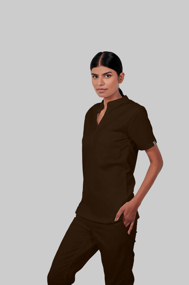 Stretchable (4Way) Women Brown Mandarin Neck Scrub Top