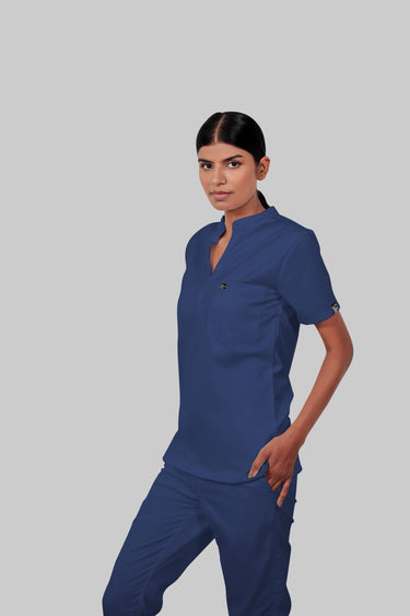 Stretchable (4Way) Women Royal Blue Mandarin Neck Scrub Top