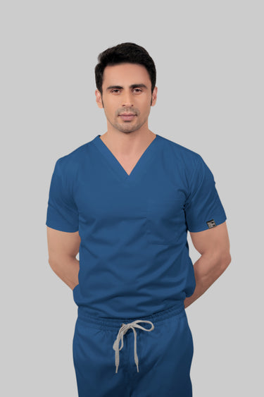 Stretchable (2Way) Male Steel Blue V-Neck With Straight Pant Scrub Set