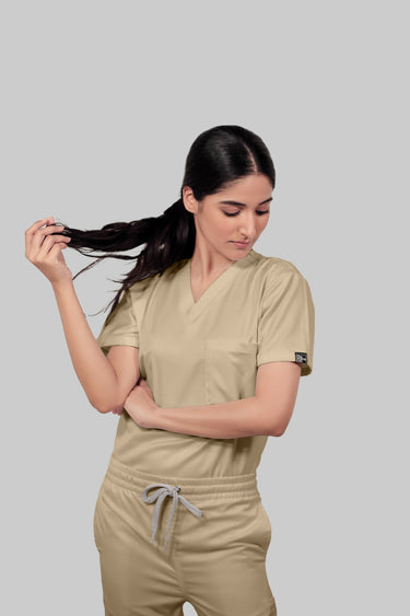 Stretchable (4Way) Female Beige V-Neck With Straight Pant Scrub Set