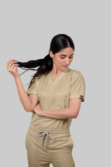 Stretchable (4Way) Women Beige V-Neck Scrub Top