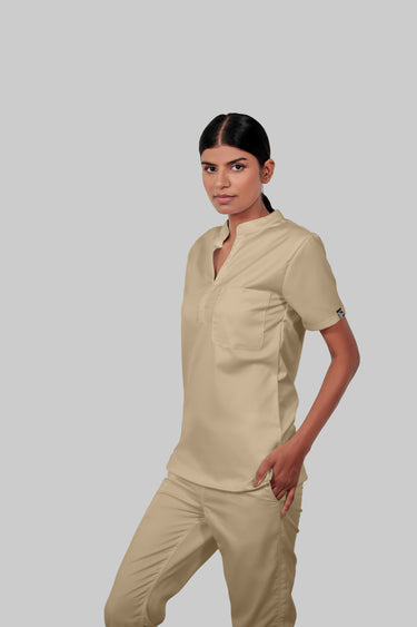 Stretchable (4Way) Women Beige Mandarin Neck Scrub Top