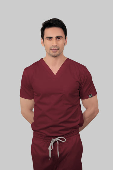Stretchable (2Way) Male Maroon V-Neck With Straight Pant Scrub Set