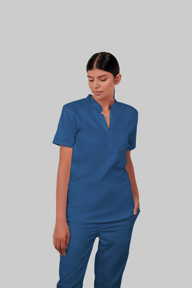Stretchable (2Way) Female Steel Blue Mandarin Neck With Straight Pant Scrub Set