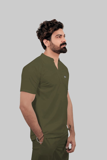 Stretchable (4Way) Male Olive Green Mandarin Neck with Jogger Scrub Set