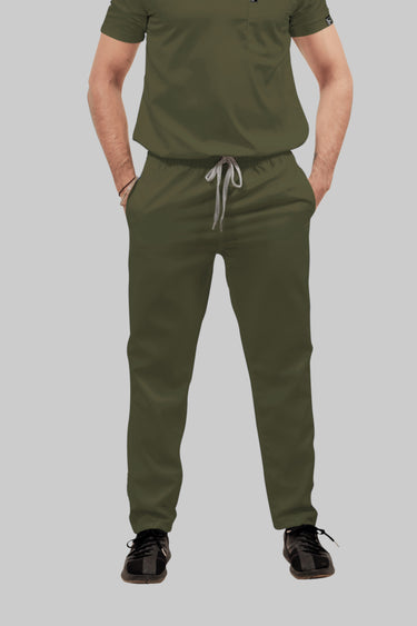 Stretchable (4Way) Male Olive Green Mandarin Neck with Straight Pant Scrub Set