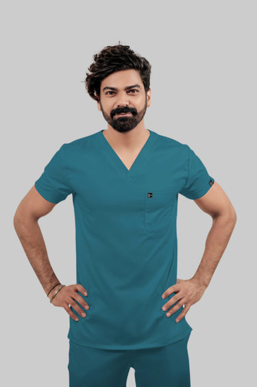 Stretchable (4Way) Male Peacock Blue V-Neck With Straight Pant Scrub Set